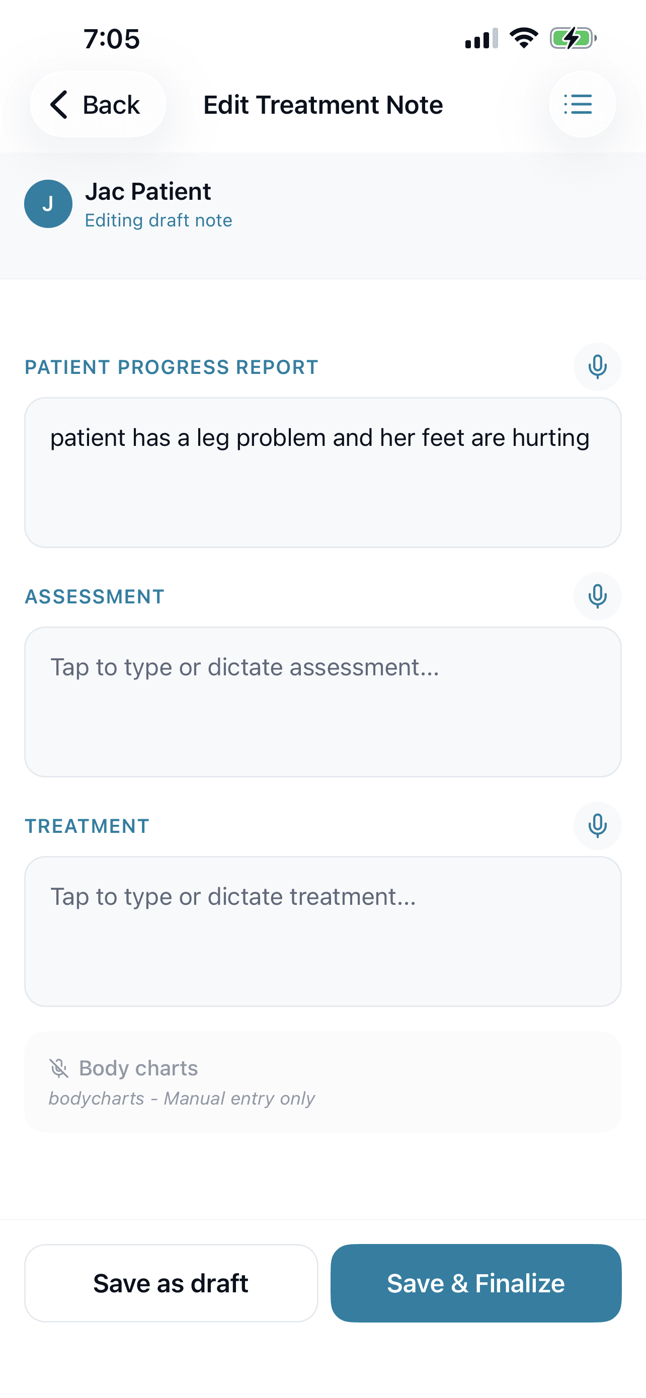 Review and edit your treatment note with structured fields